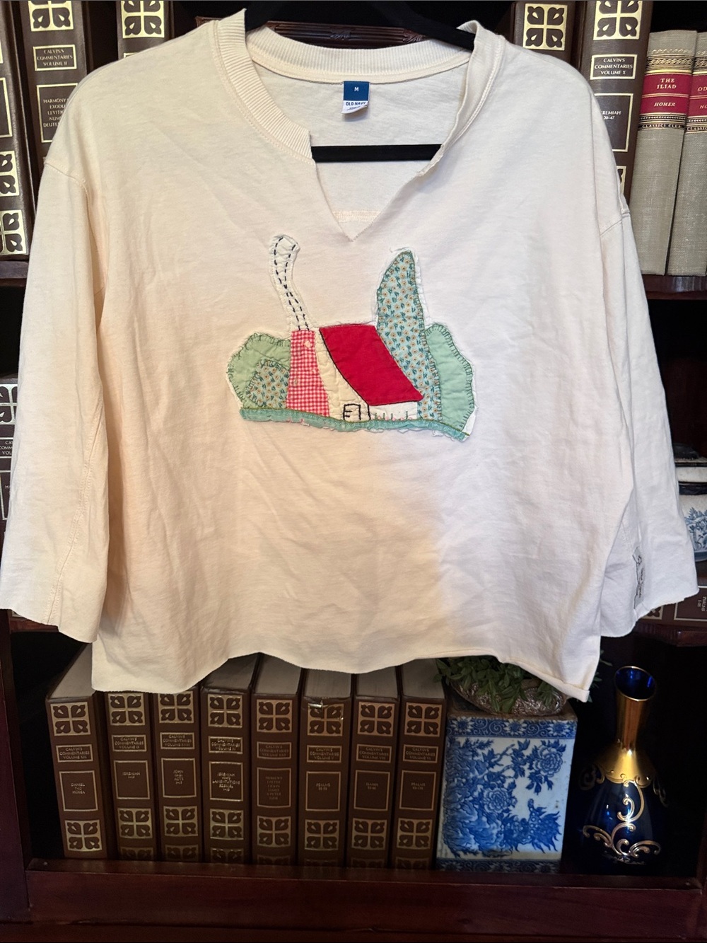 Embroidered Cottage Appliqué Tee - Red Roof, Mint & Floral Accents